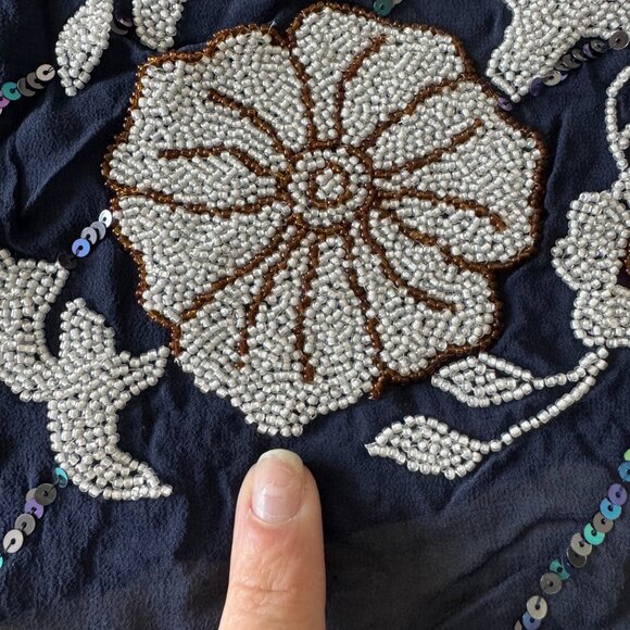 Sue Wong Scarf Shawl Navy Blue White Beaded 100 Silk Long Large Runner Chiffon 1 - Picture 9 of 16